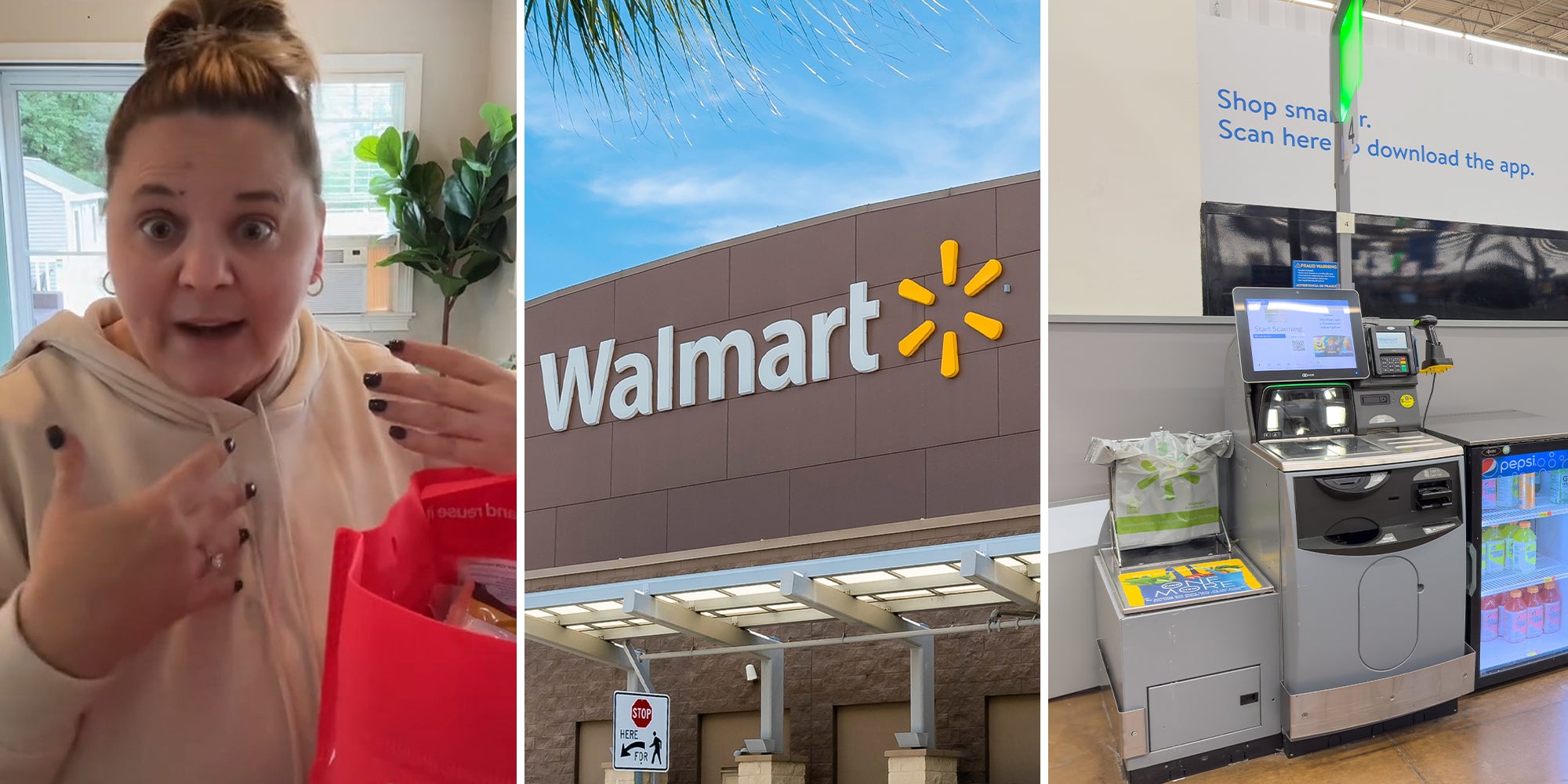 Woman looking shocked(l) Walmart Store Front Sign(c) Walmart Self Checkout Machine(r)