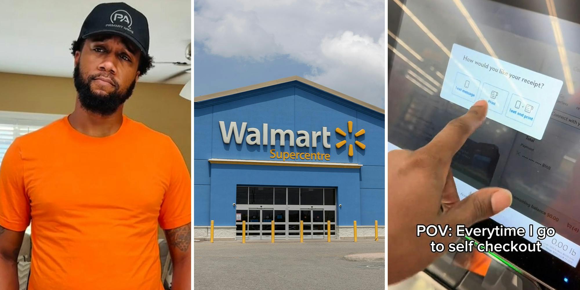 man wearing bright orange shirt(l) Walmart store front(c) Self checkout screen(r)