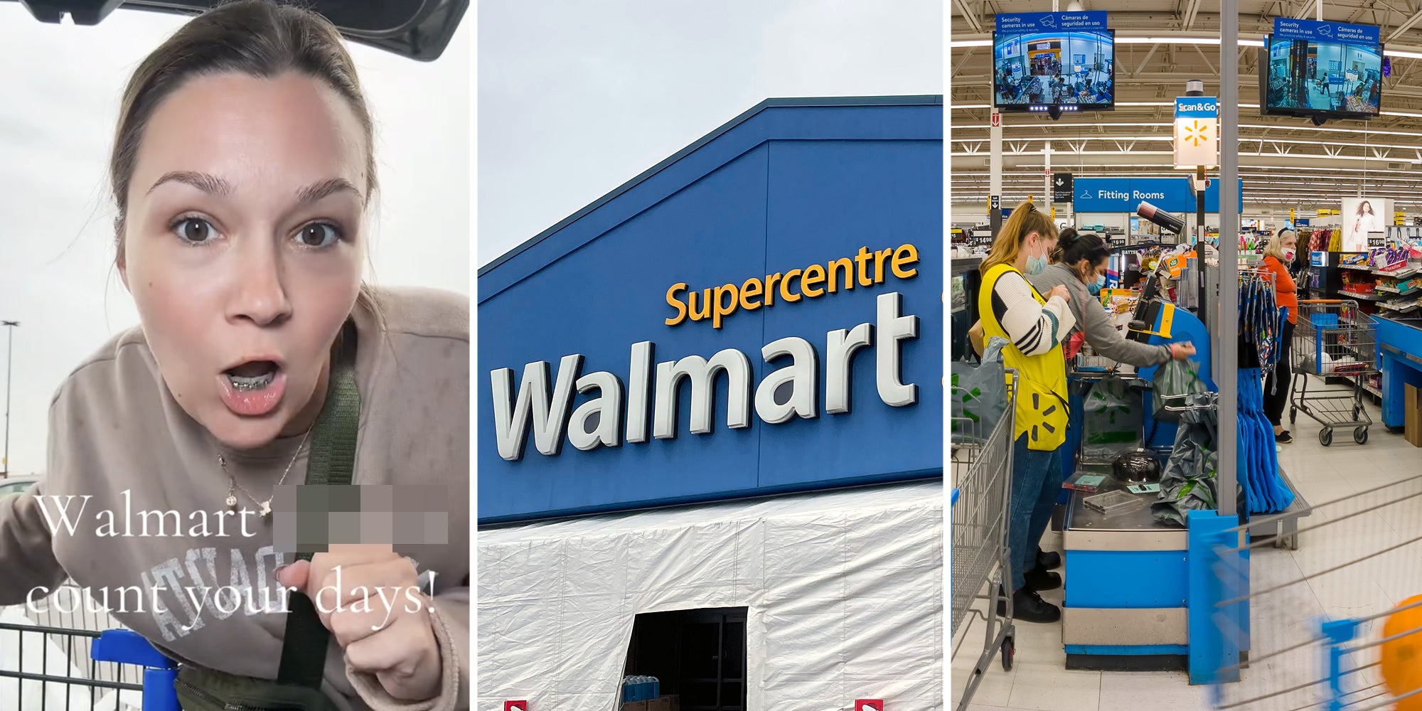 Woman talking saying 'Walmart *censored* count your days!'(l), Walmart storefront(c), Interior walmart check out(r)