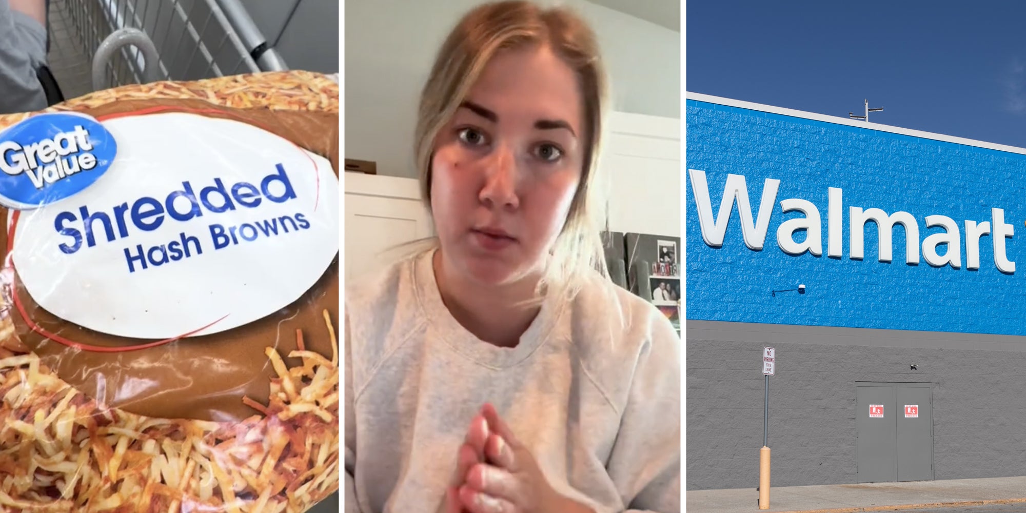 Great Value Shredded Hash Browns(l), Woman talking(c), Walmart store(r)