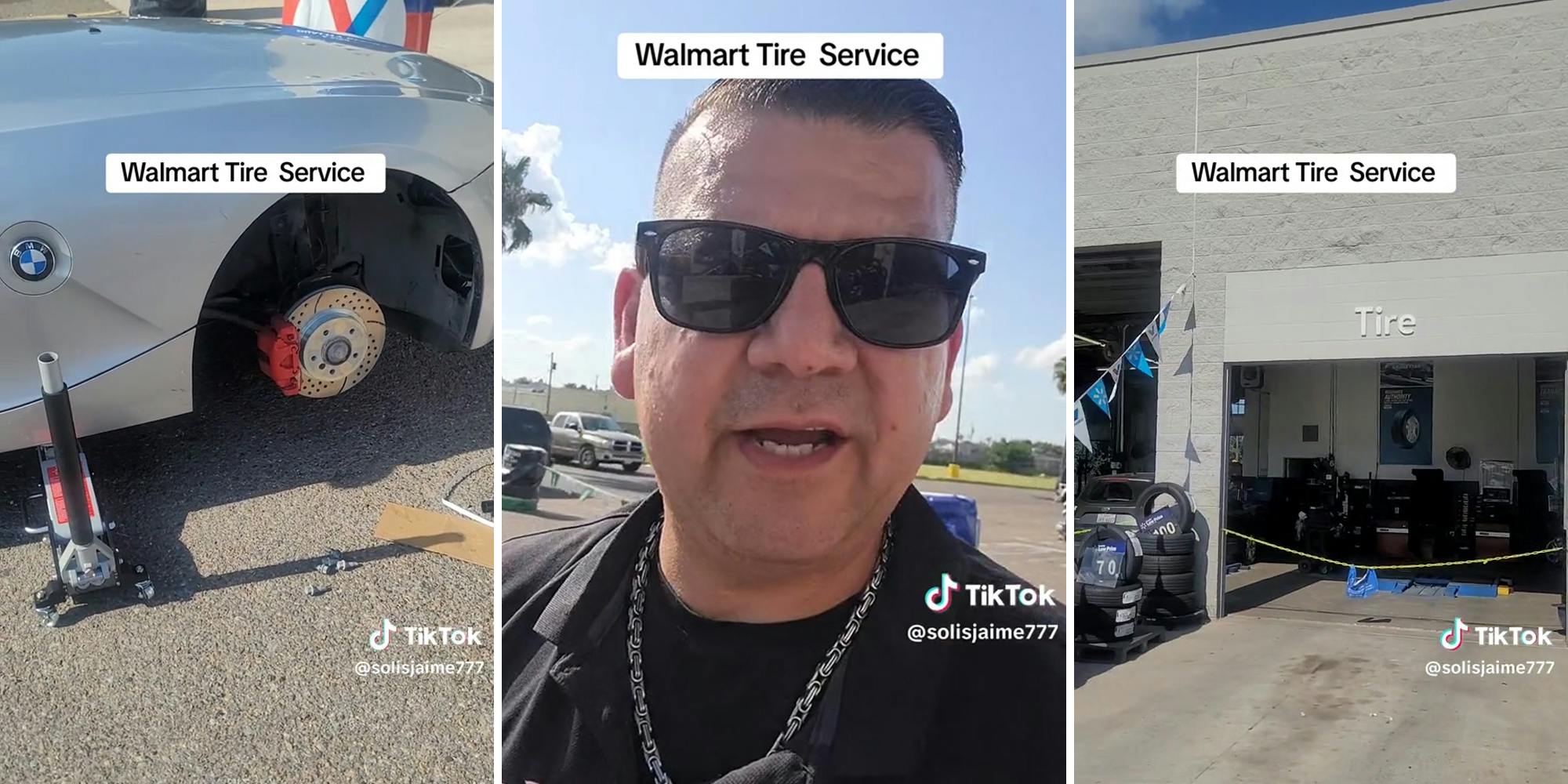 bwm on jack without tire (l) man with caption "Walmart tire service" (c) tire service bay with chain (r)