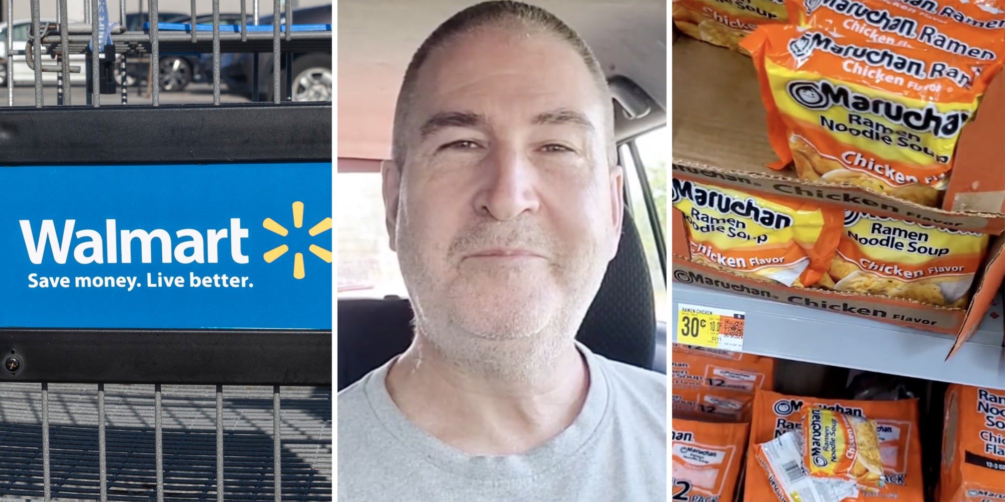 Walmart cart(l), Man smiling(c), Maruchan ramen packages(r)