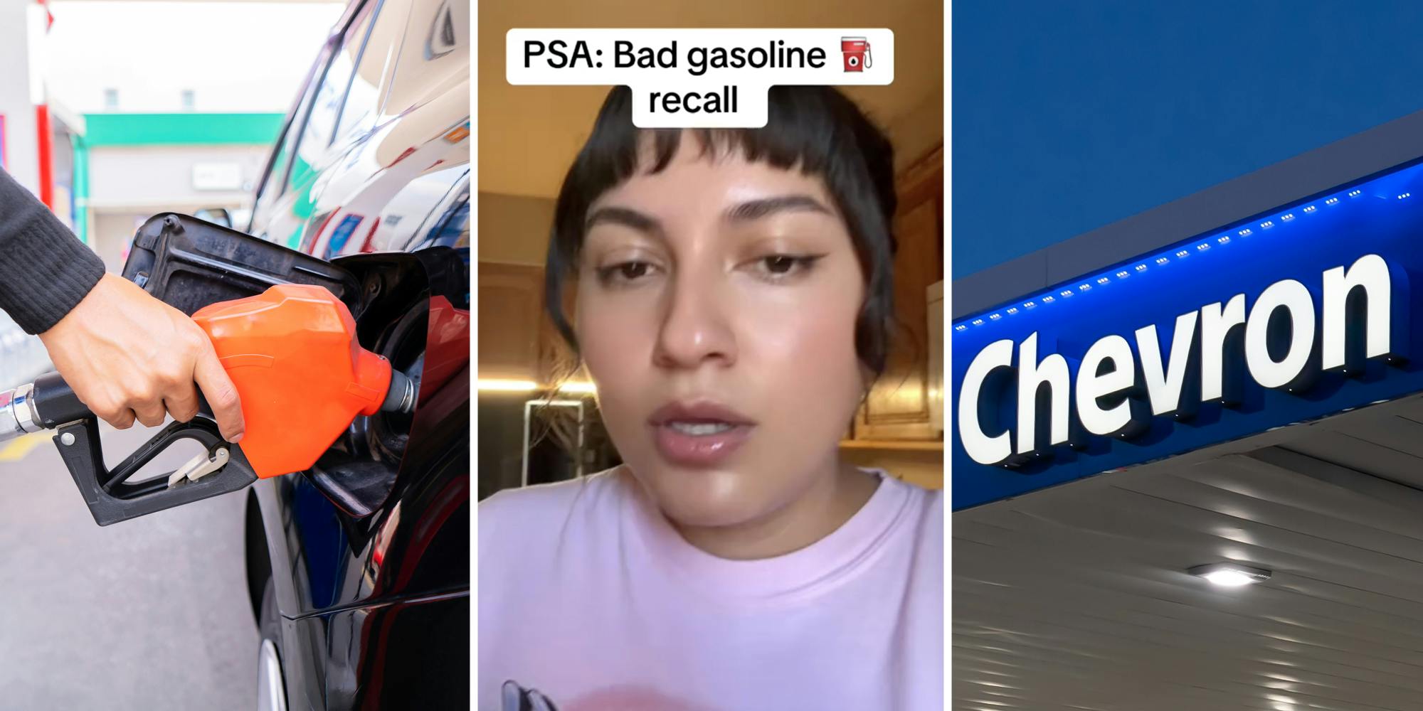 Hand pumping gas(l), Woman talking(r), Chevron sign(r)