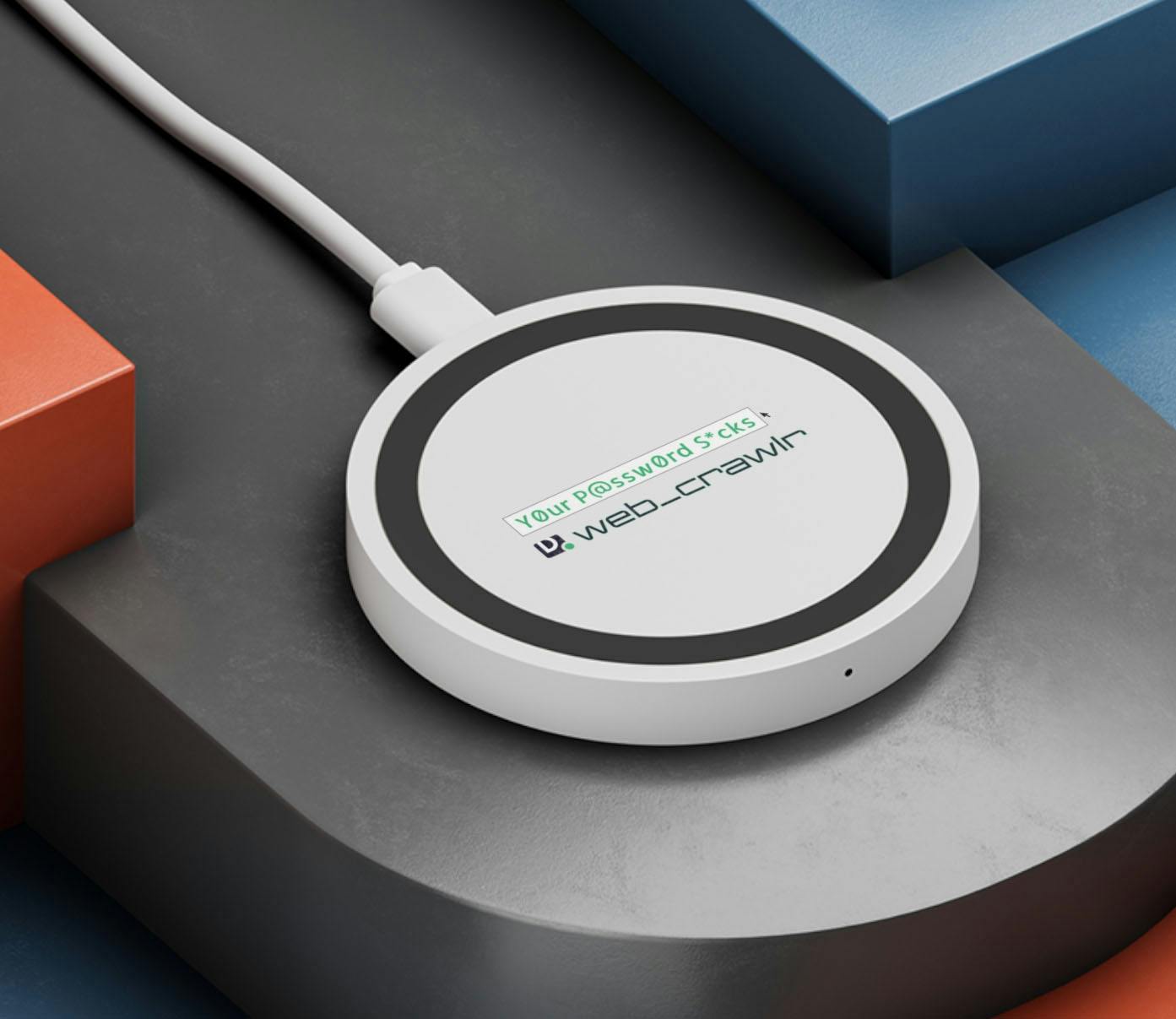 A wireless charger with 'Your Password Sucks' and 'web_crawlr' written on it.