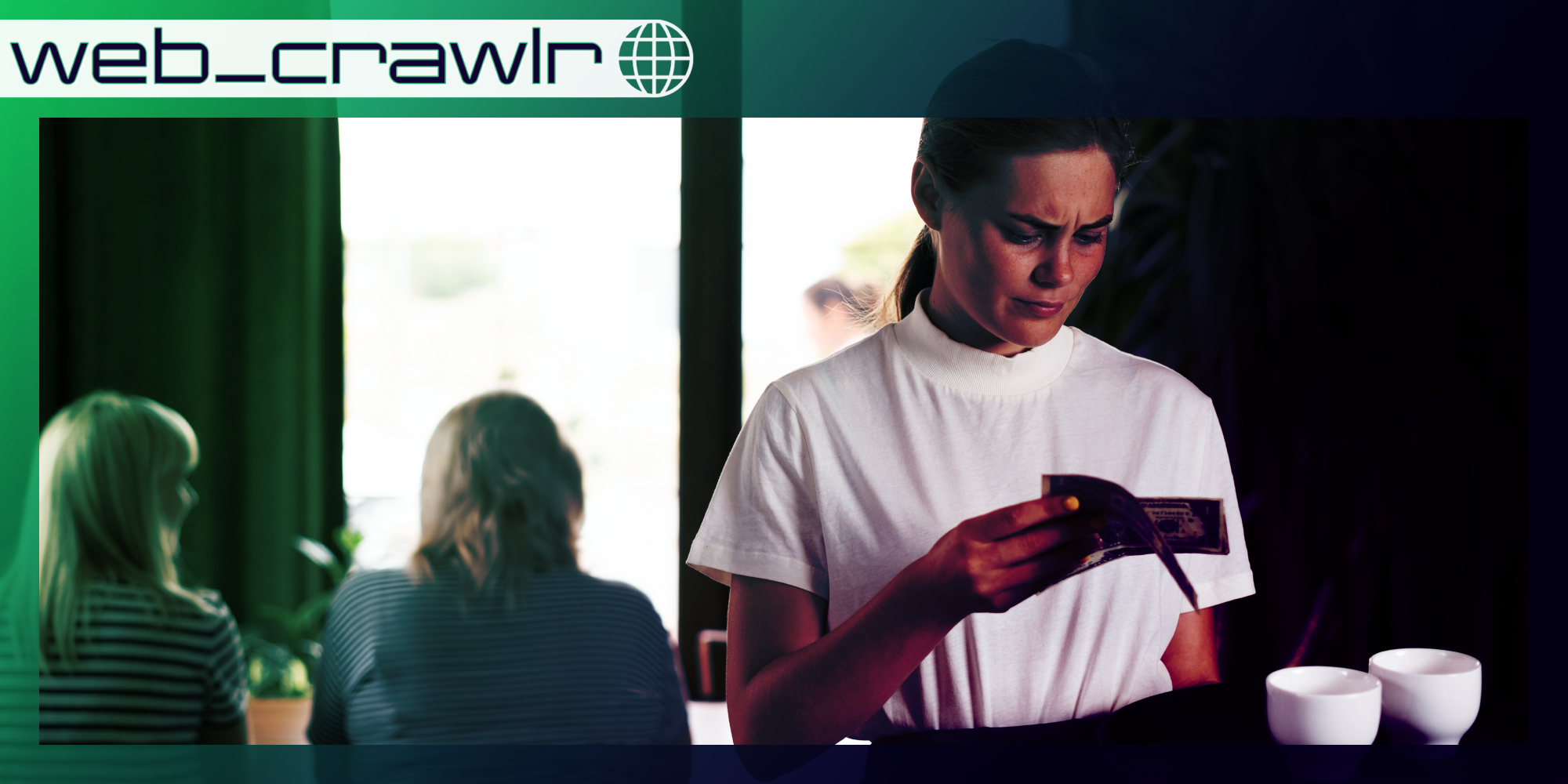 A server looking at two dollars while holding a tray. The Daily Dot newsletter web_crawlr logo is in the top left corner.