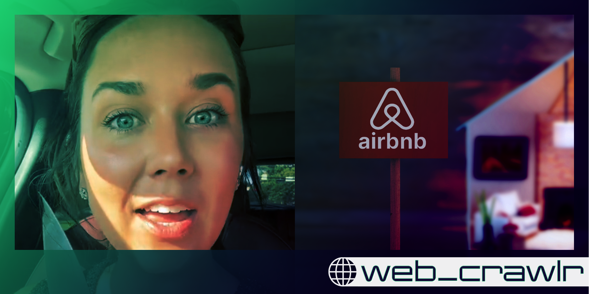 A woman speaking to the camera next to an Airbnb sign. The Daily Dot newsletter web_crawlr logo is in the bottom right corner.