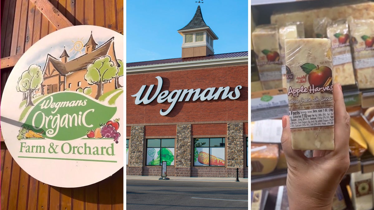 Wegman's farm sign (l) Wegmans (c) Wegmans cheese in hand (r)