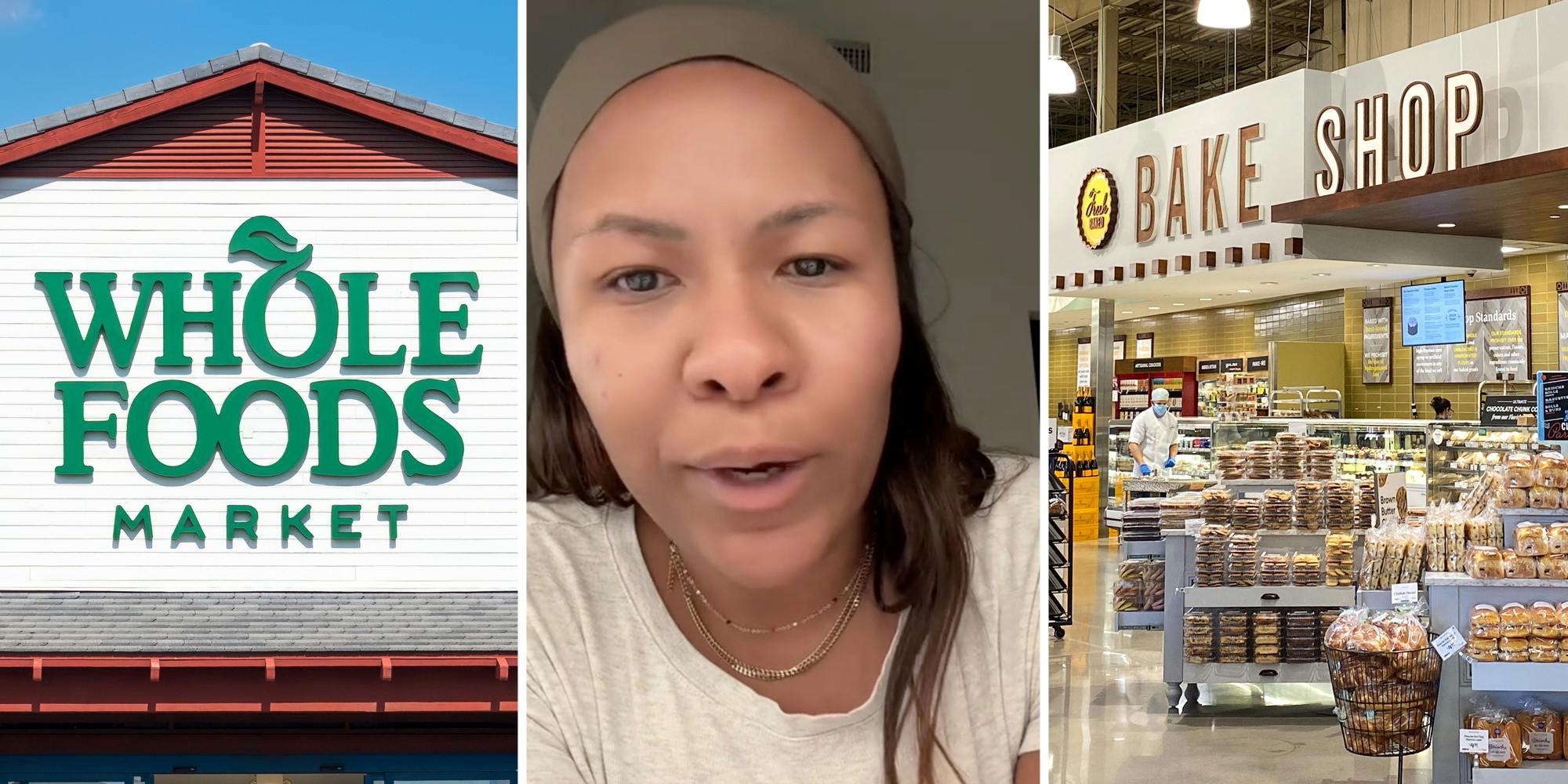 Whole Foods Market storefront(l), Woman talking(c), Whole Foods Bake Shop(r)