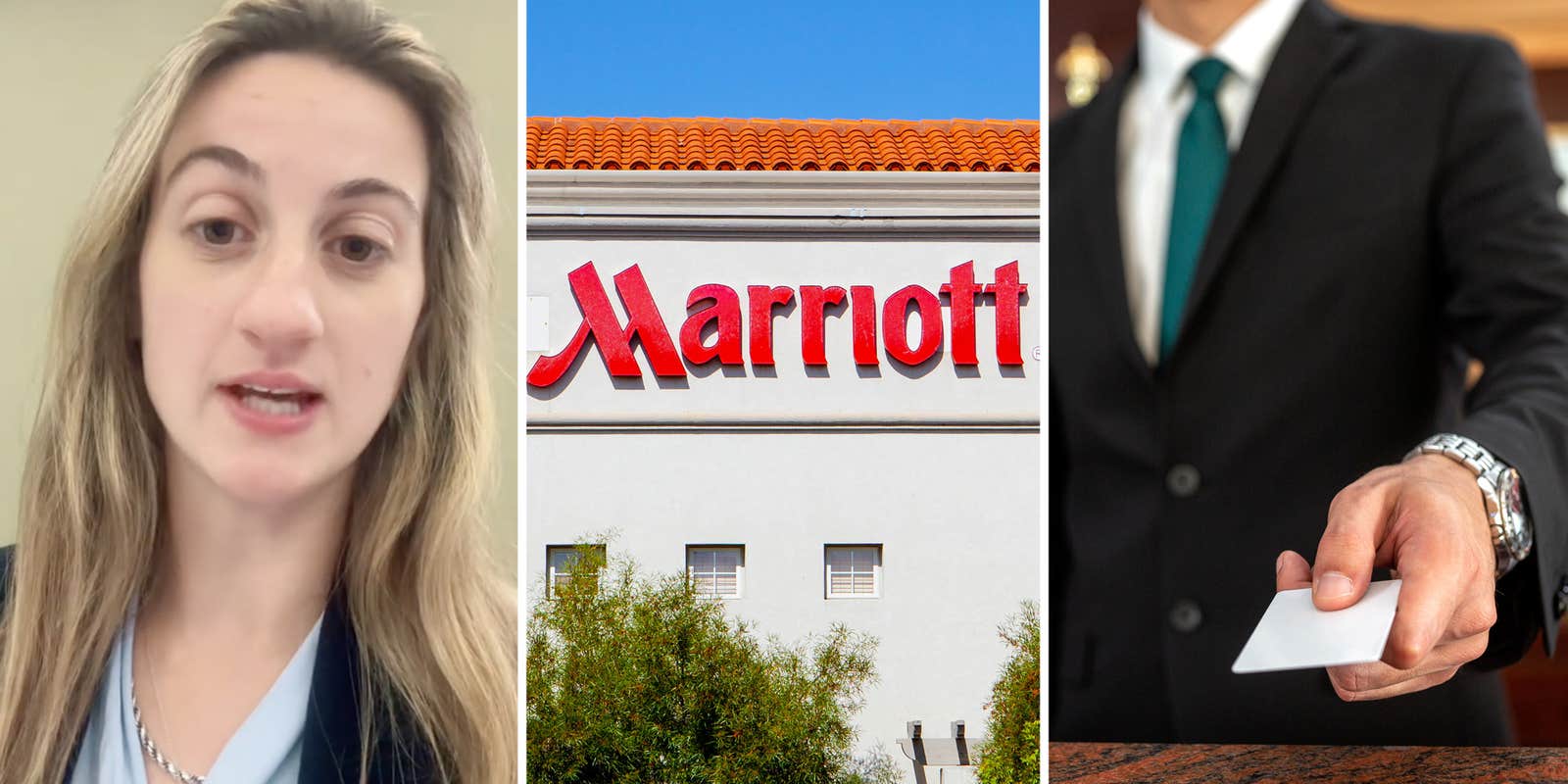 Woman talking(l), Marriott hotel(c), Man handing hotel key(r)