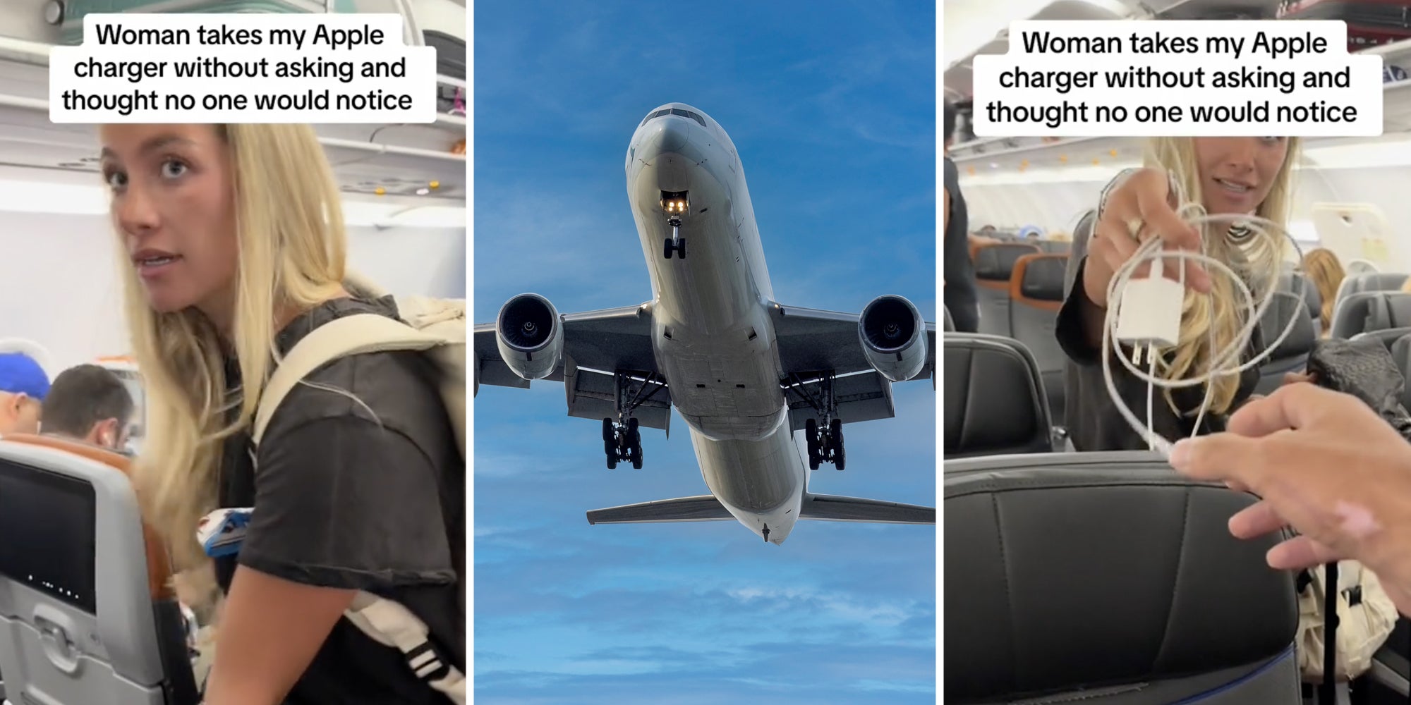 Woman walking down aisle with text that says 'Woman takes my apple charger without asking and thought no one would notice'(l), Airplane in the sky(c), Woman handing apple charger with same text(r)