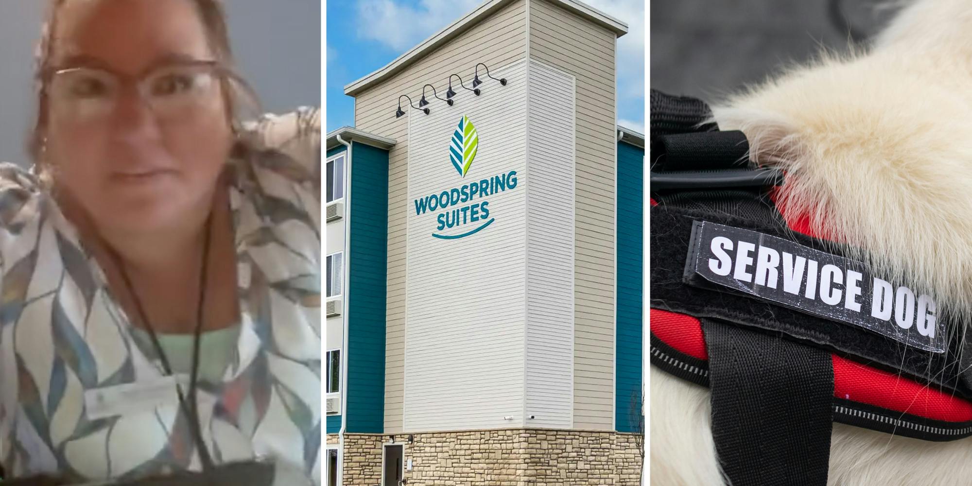 Woman looking uncertain(l), Woodspring Suites building(c), Service Dog(r)