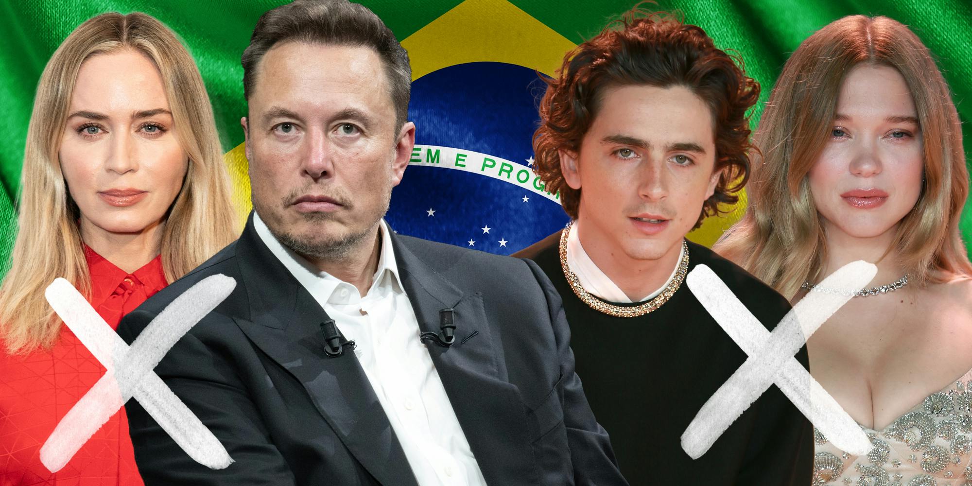 Emily Blunt, Elon Musk, Timotee Chalamet, Léa Seydoux over brazil flag