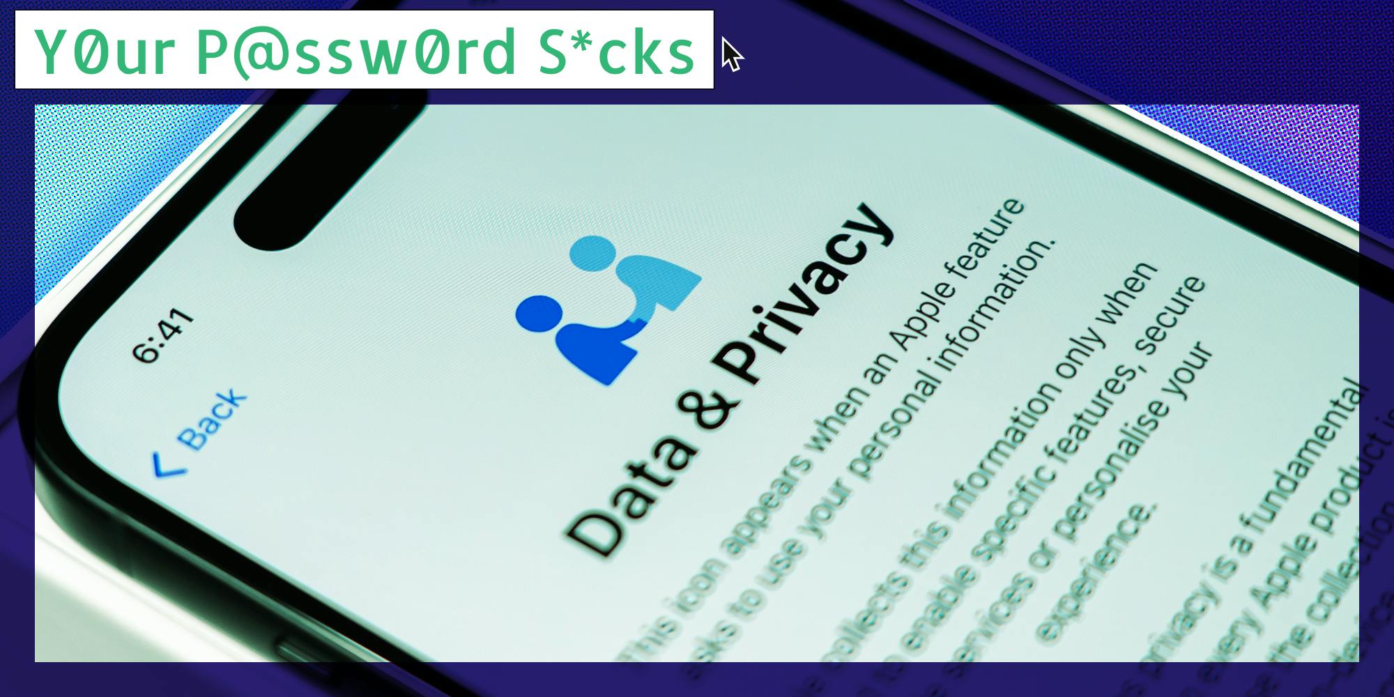 Iphone with Data & Privacy setting on screen. There is text in the top left corner that says Your Password Sucks in a Daily Dot newsletter web_crawlr font.