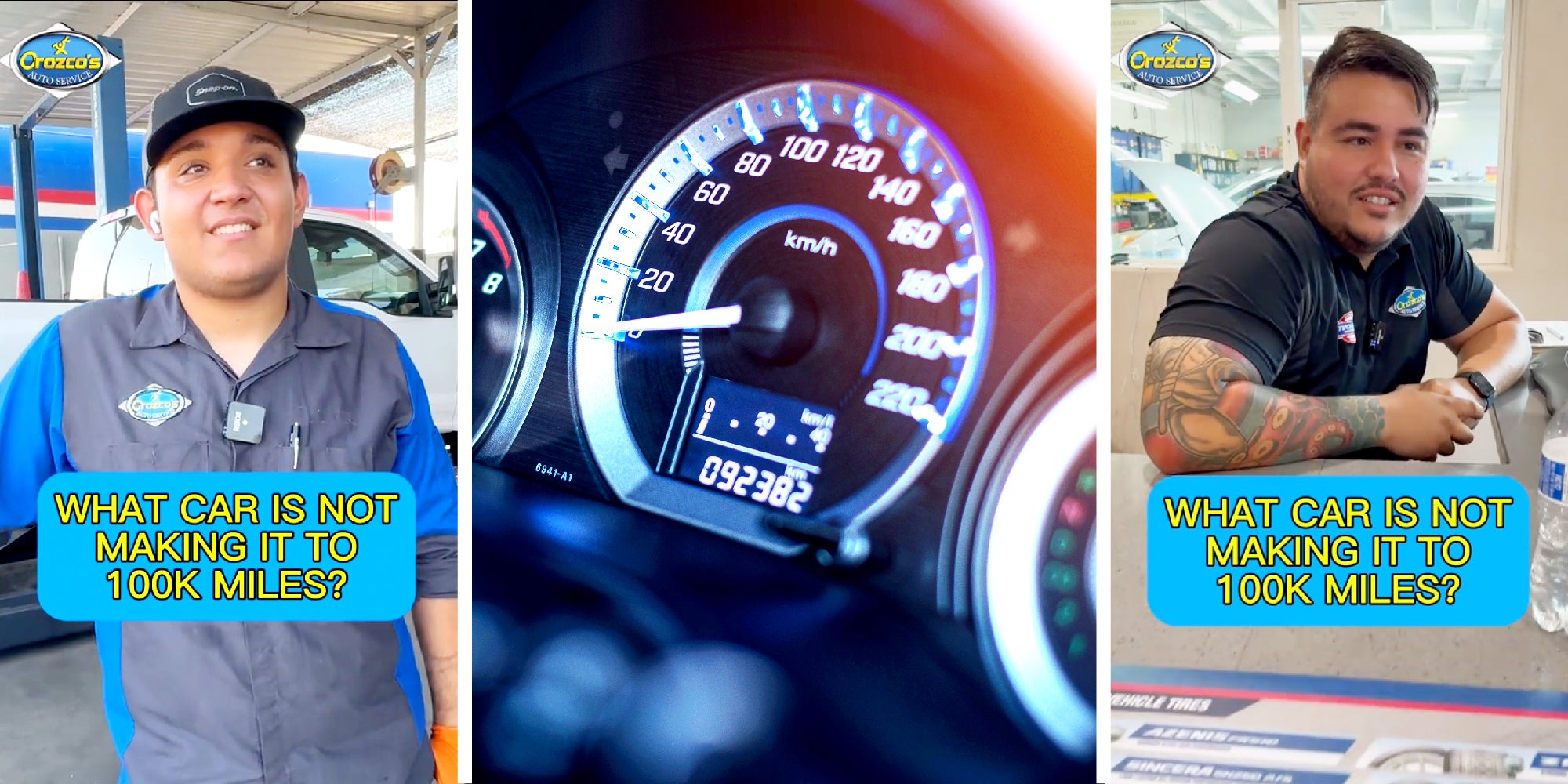 3 panel image showing mechanics responding to the question: What car is not making it to 100K miles?