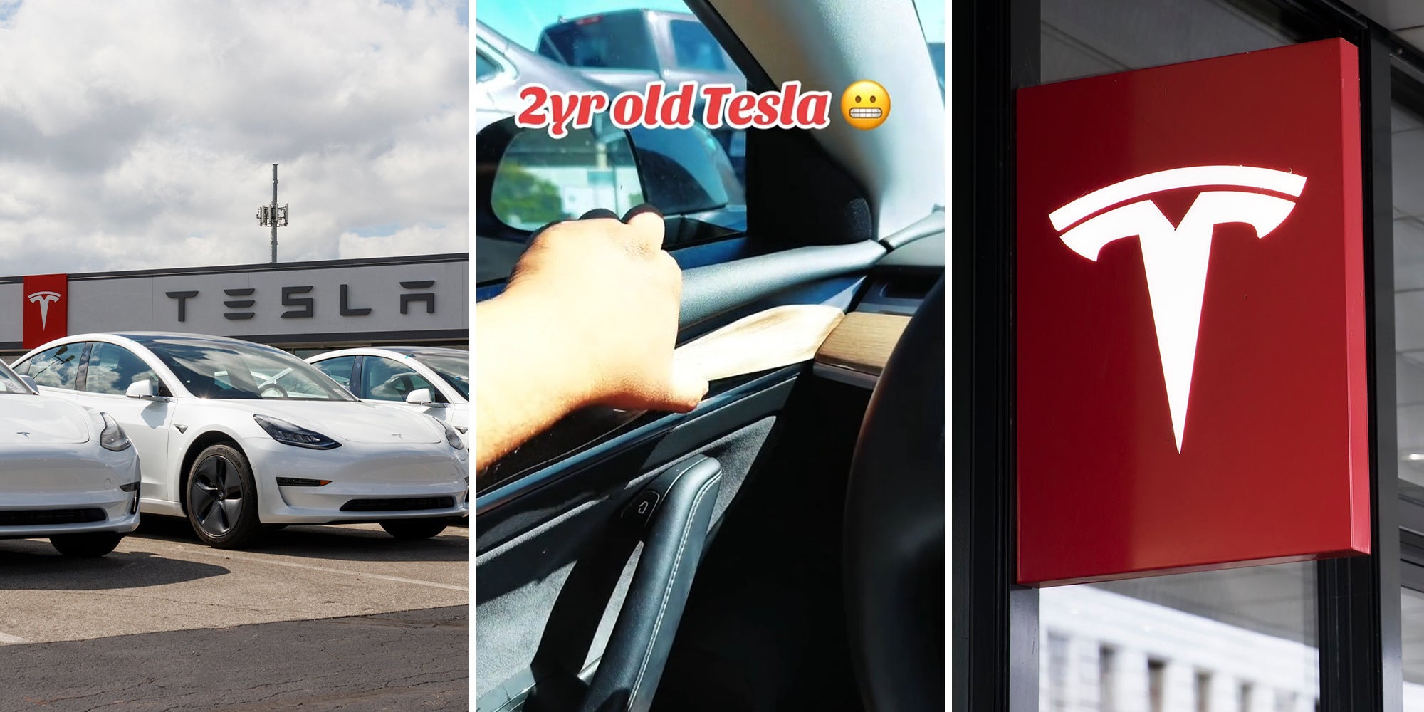 row of teslas Infront of dealer(l) TikTok Video on hand peeling off wood panel from Tesla car(c) Tesla red sign with white logo(r)