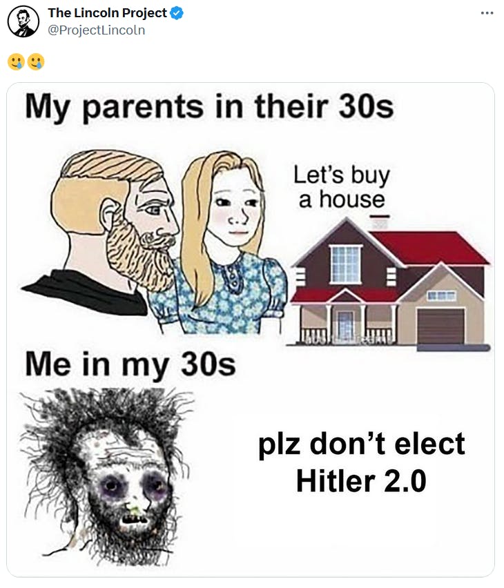 2024 election meme comparing themselves to their parents in their 30s.