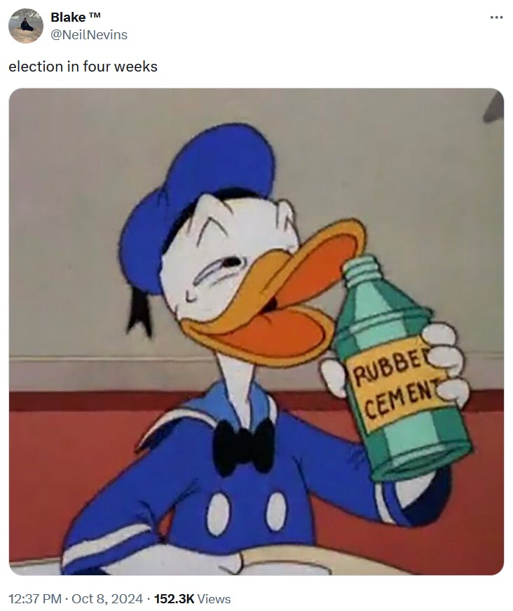 2024 election meme with an image of Donald Duck about to drink rubber cement.