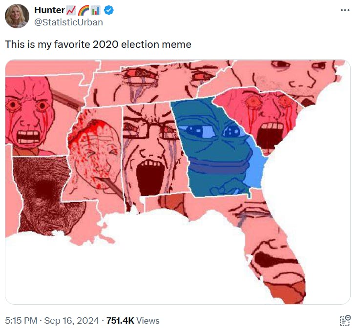 2024 election meme showing red states in the southeast represented with crying Wojaks and Georgia with a Pepe.