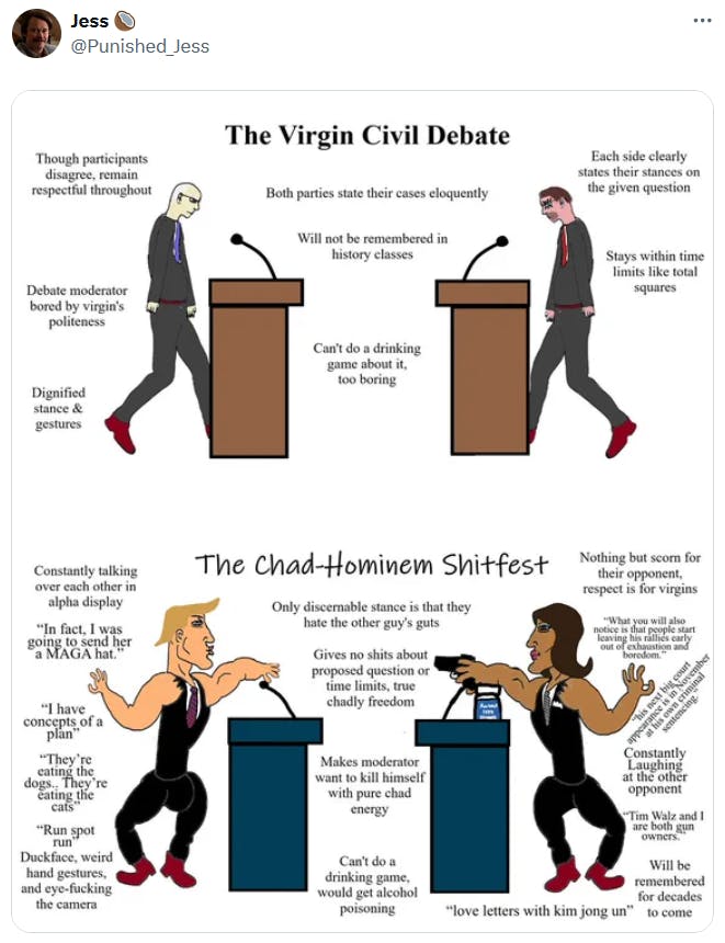 2024 election meme showing the 'Virgin Civil Debate' vs. the 'Chad-Hominem Shitfest.'