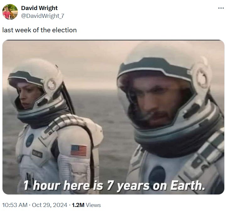 2024 election meme with a film screenshot saying '1 hour here is 7 years on Earth.'