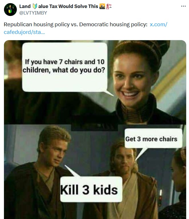 2024 election meme about Republican vs. Democratic housing policy.