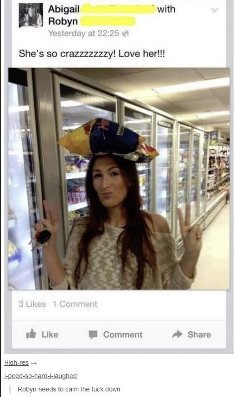 Tumbler screenshot from a facebook post of woman named robyn with chips on her head in a grocery store