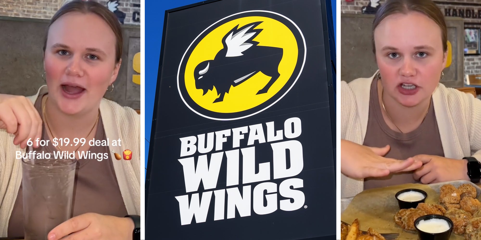Woman talking with text that says '6 for $19.99 deal at Buffalo Wild Wings'(l), Buffalo Wild Wings sign(c), Woman talking over tray of food(r)
