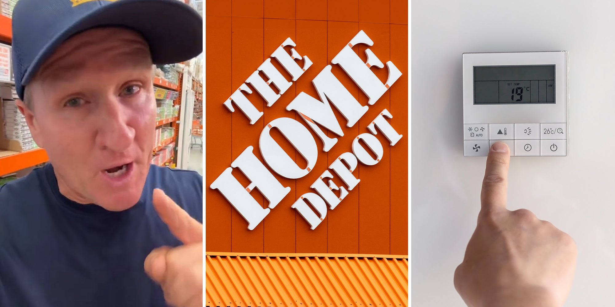 Man sharing information inside a home depot store(l) The Home Depot Sign(c) Finger pressing AC button(r)