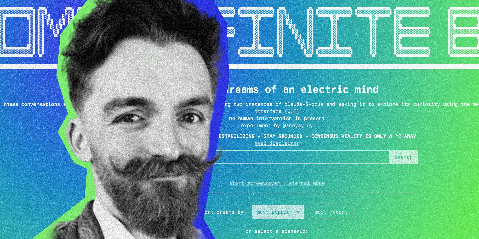 The portrait of a man with a curly mustache is in the foreground and in the background is a website homepage.