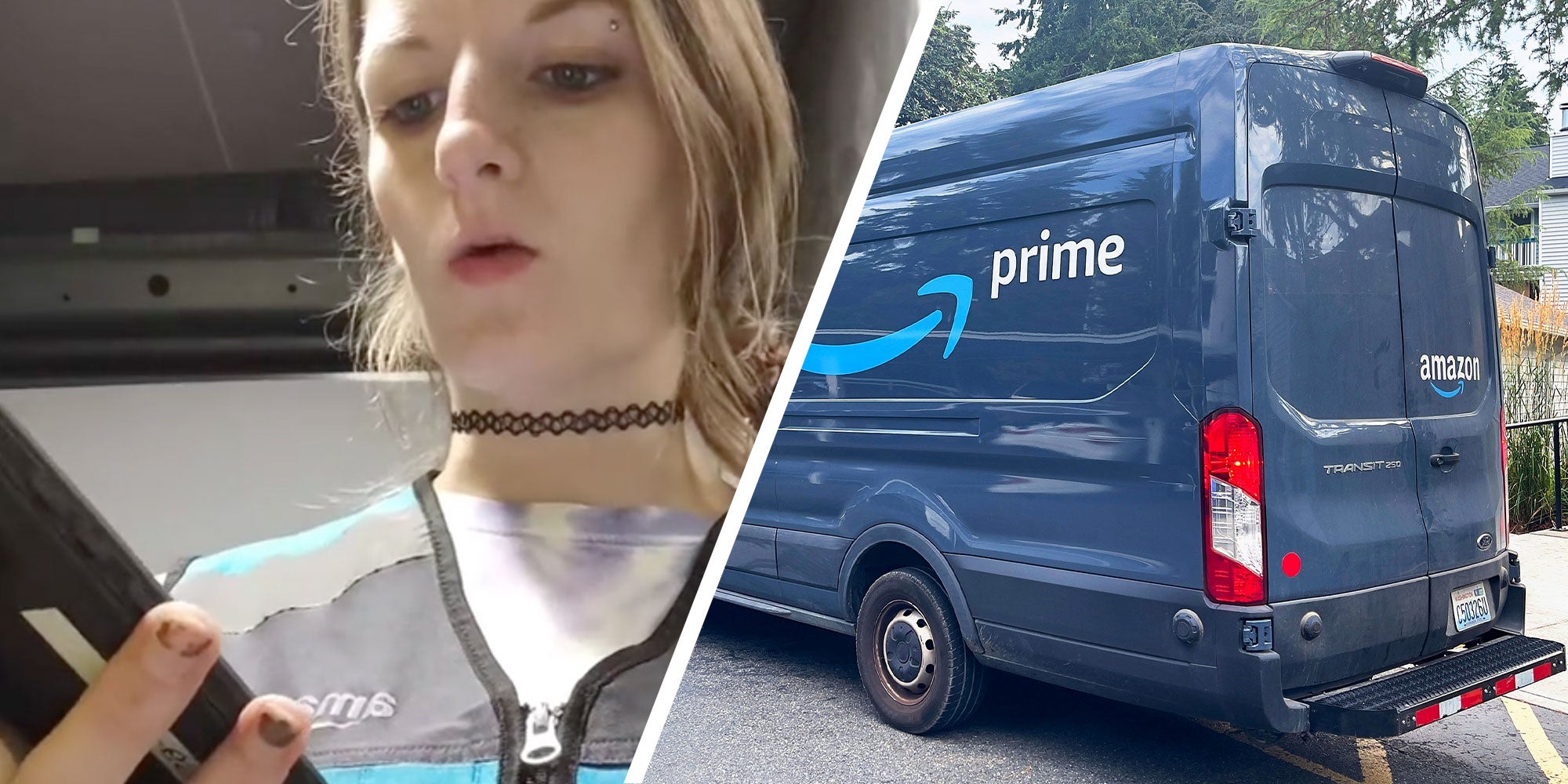 Two panel design with one showing an Amazon prime working inside of the truck, they are looking at thier phoe The 2nd panel shows a Prime delivery truck.