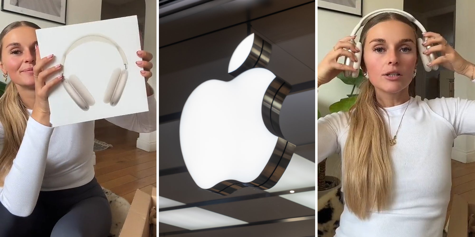 Woman holding up airpods max box(l) Apple Store Logo(c) Woman putting on airpods max(r)
