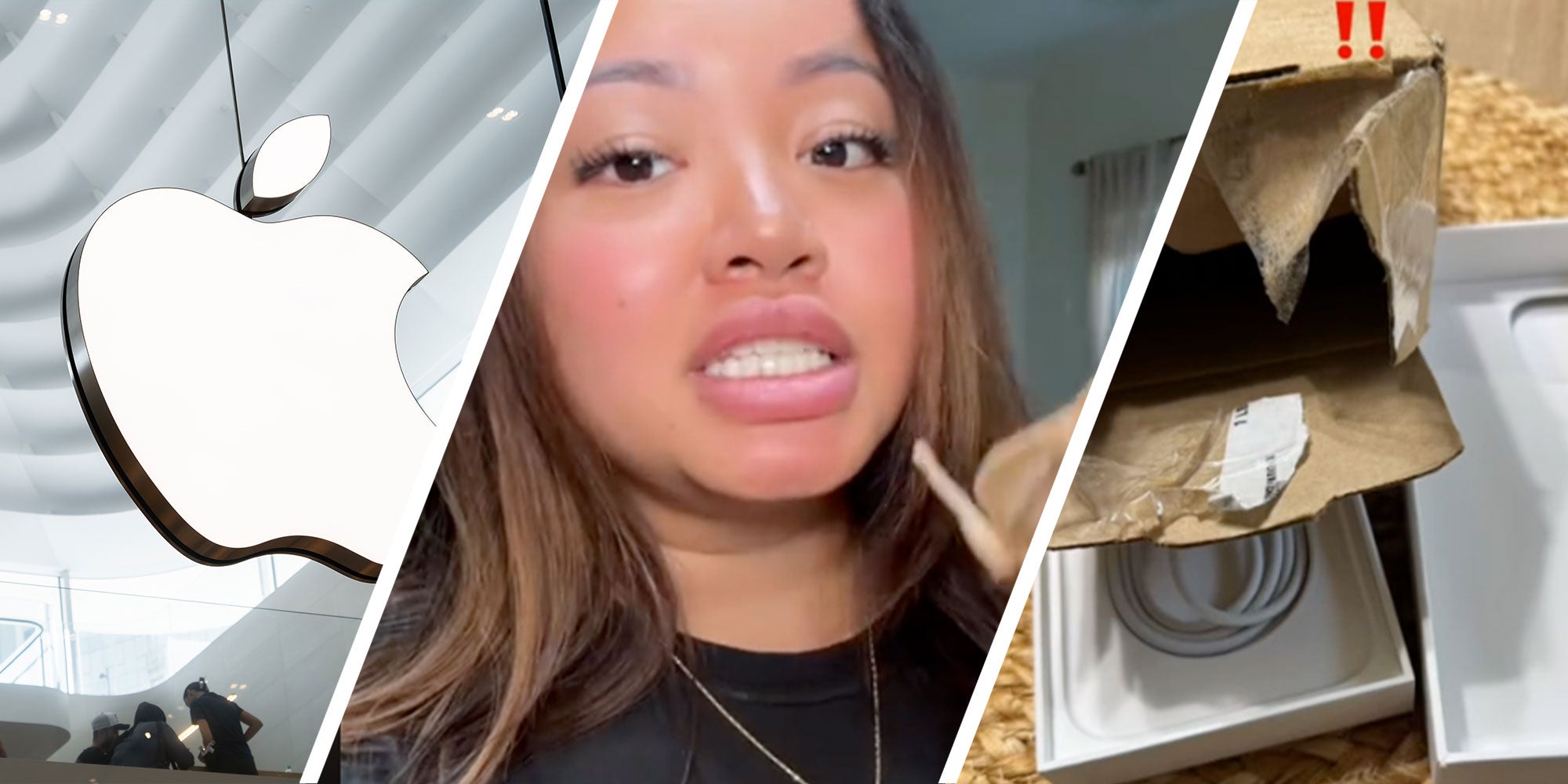 3 panel image with An Apple Logo from a store in the first panel, the woman from a tiktok, she is talking into the camera and appears to be in her home, the final panel is a box opened with nothing inside.