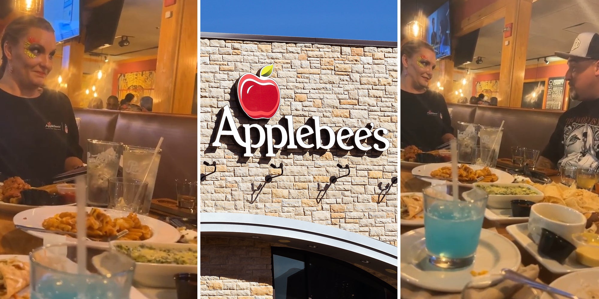 Applebee's Server(l) Applebees restaurant front(c) Man Talking to server(r)