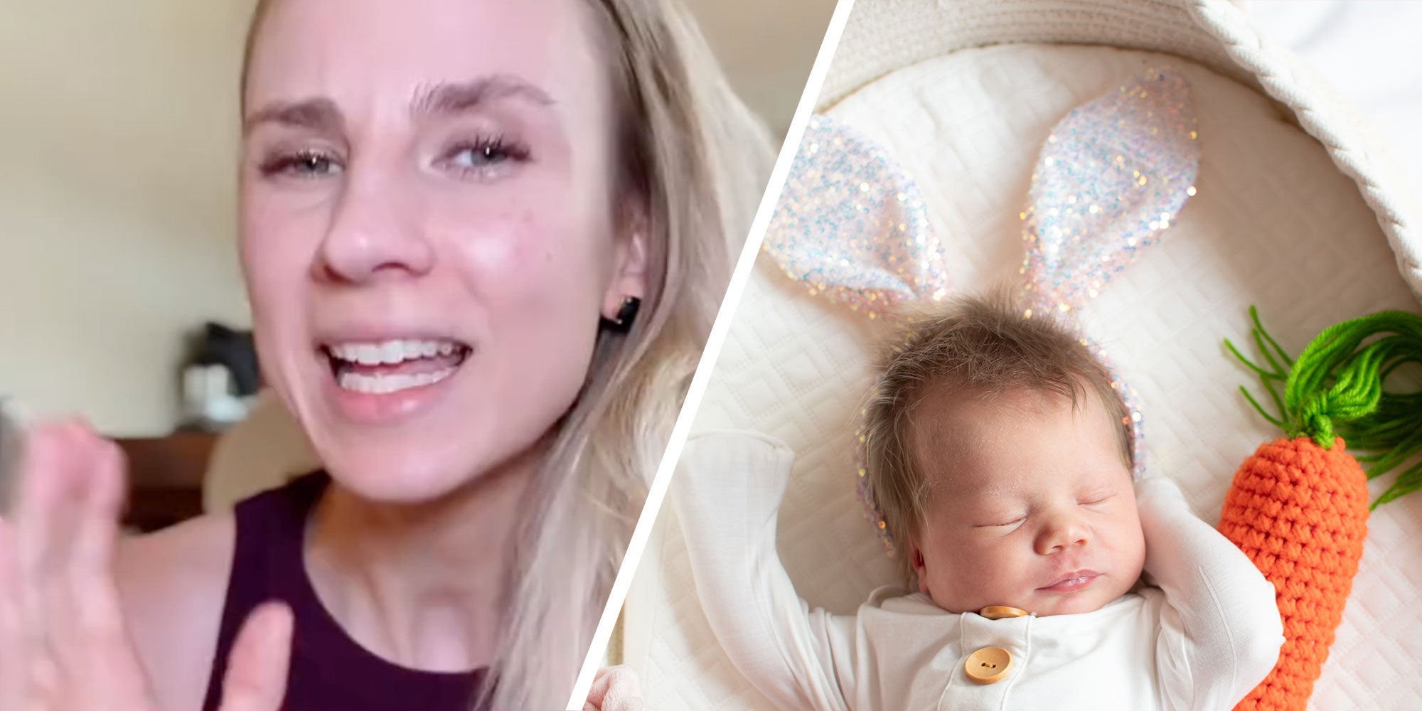 two panel design with one showing a woman who is in the middle of talking. She has blond hair and appears to be inside. The 2nd panel is of a baby sleeping in a bassinet.