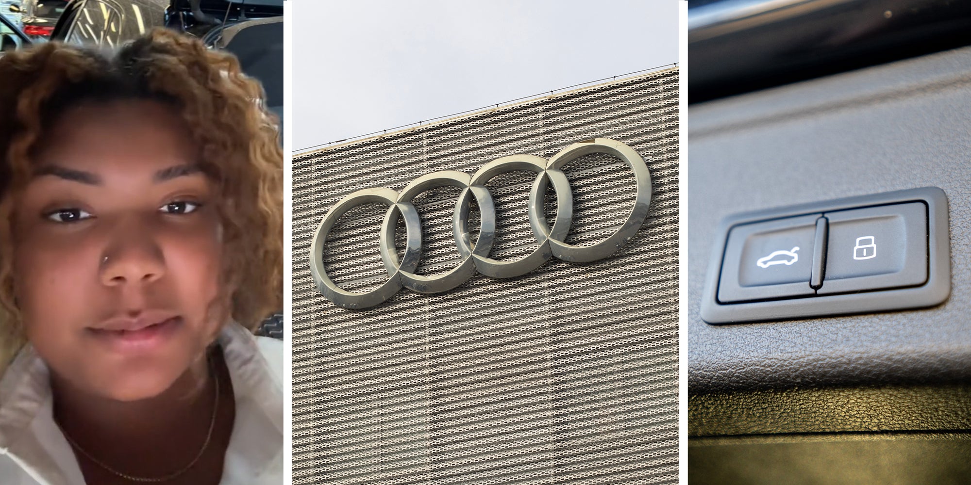 Woman Sharing Experience on Tiktok(l) Audi Dealer Sign(c) Truck Button(r)