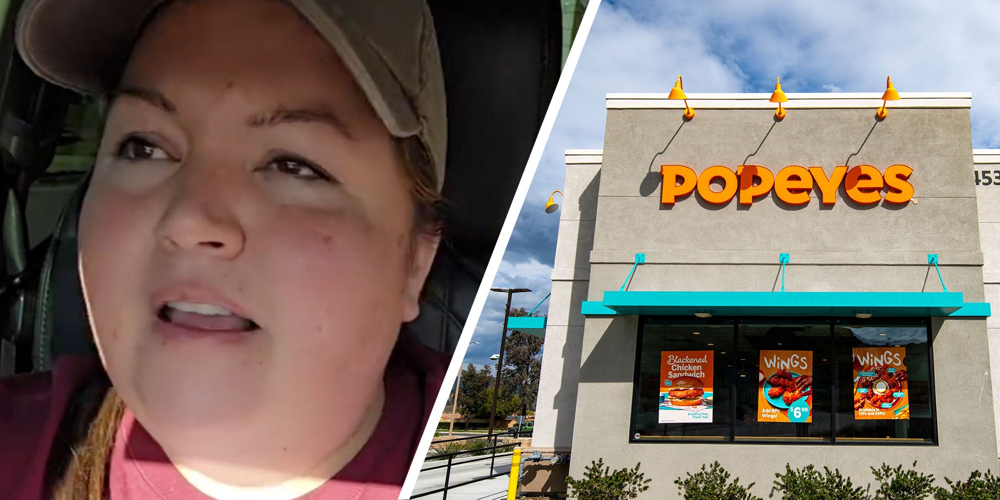 Two panel Design with panel one showing a woman talking in her car, and panel two is of the outside of a Popeyes
