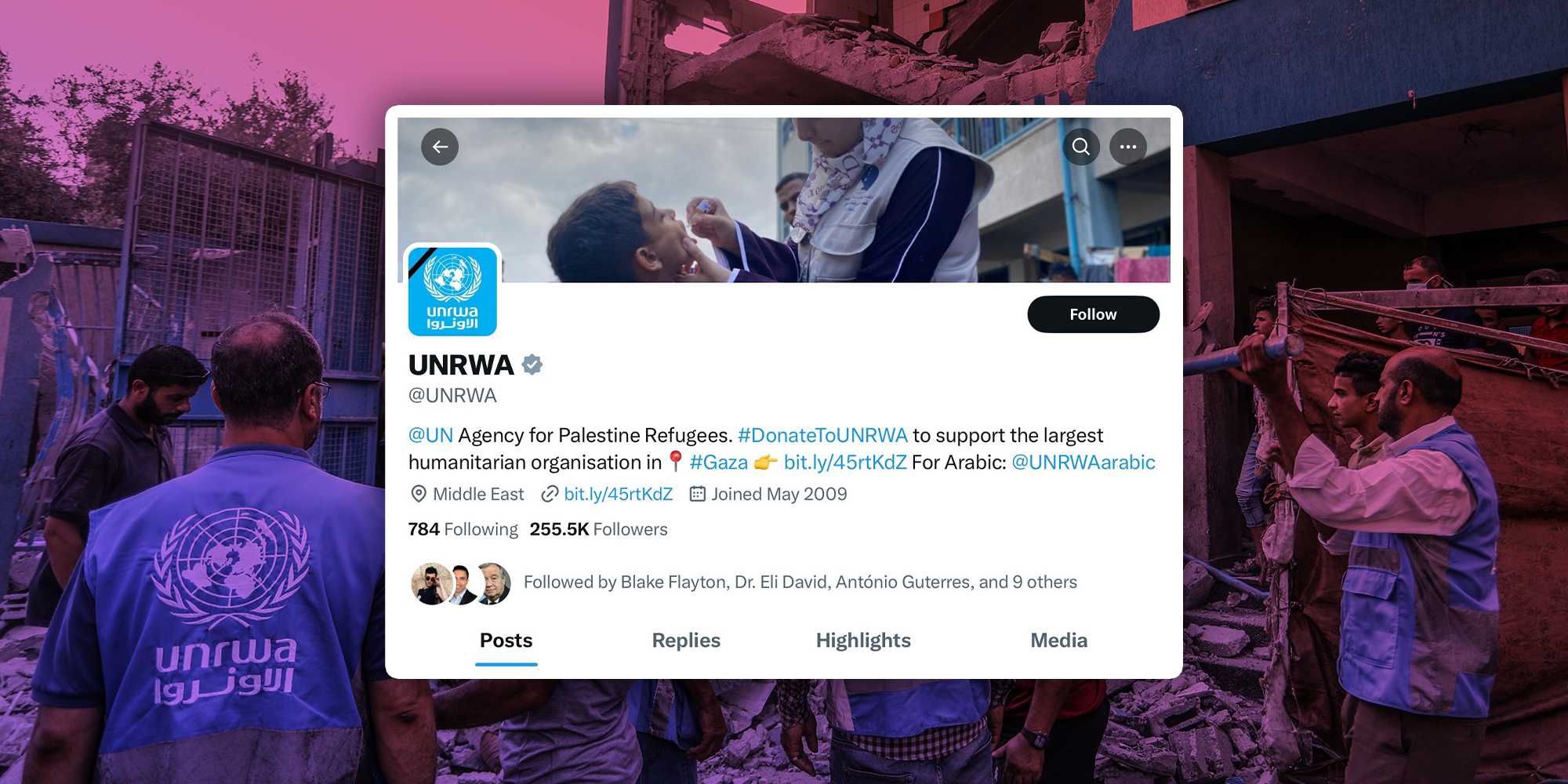 X screenshot of UNRWA account; Background of Palestinians at the site of an Israeli airstrike at an United Nations (UNRWA) school in the Nuseirat camp