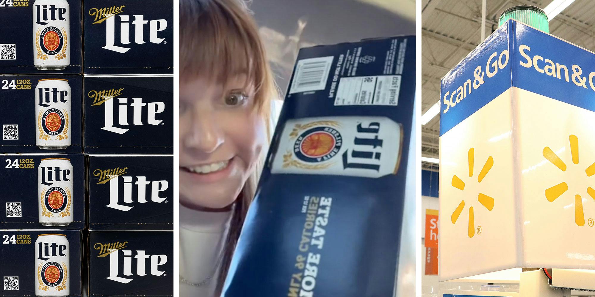 Three panel image with panel one showing stacks on Miller Lite boxes, the 2nd image features the woman from TikTok Video, she is holding a case of Miller Lite, her face is frustrated but joyful. The final panel shows a checkout sign from inside of a Walmart.