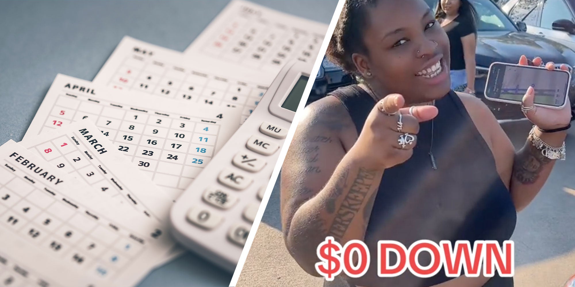 Two panel image showing a pile of months next to a calculator in panel one, and panel two features young woman from TikTok who has just purchased a car. She is holding up her phone she holding in her hand and pointing to the camera.