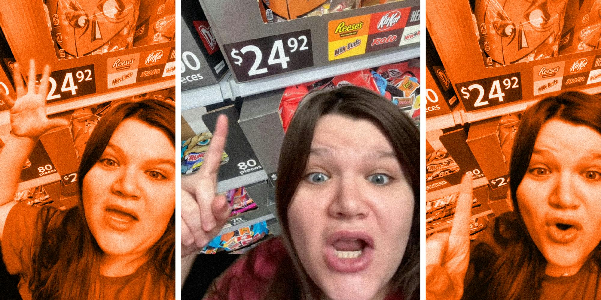 3 panel image of a person pointing at a sales sign for candy that reads "$24.92."