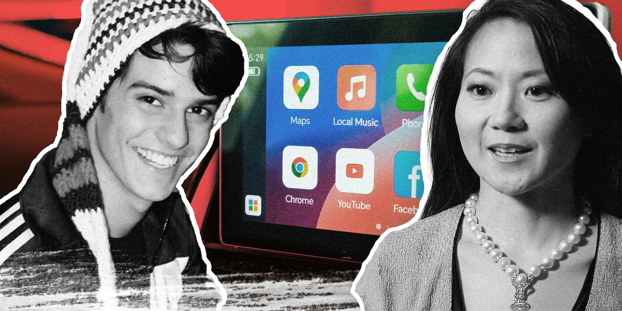 man and woman over touchscreen radio