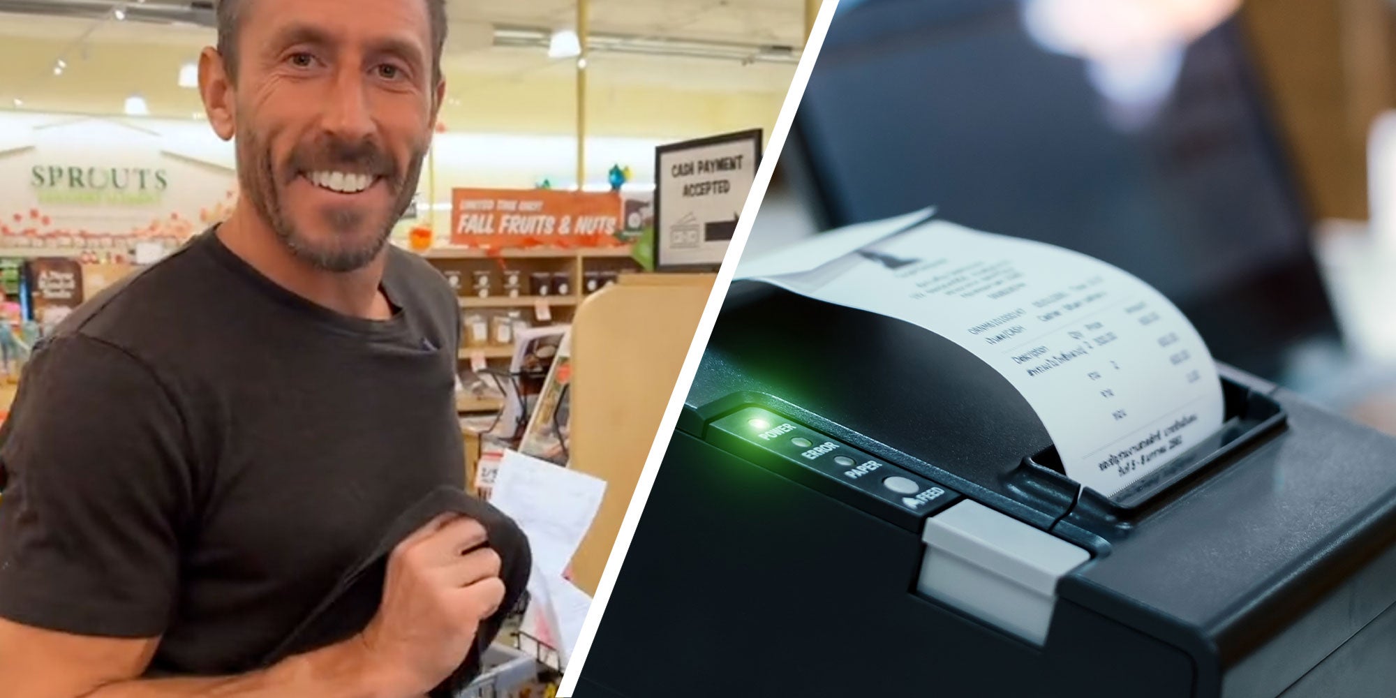 Two panel Design with panel one showing a man holding a receipt with his shirt, and panel two is of a receipt coming out of a machine.