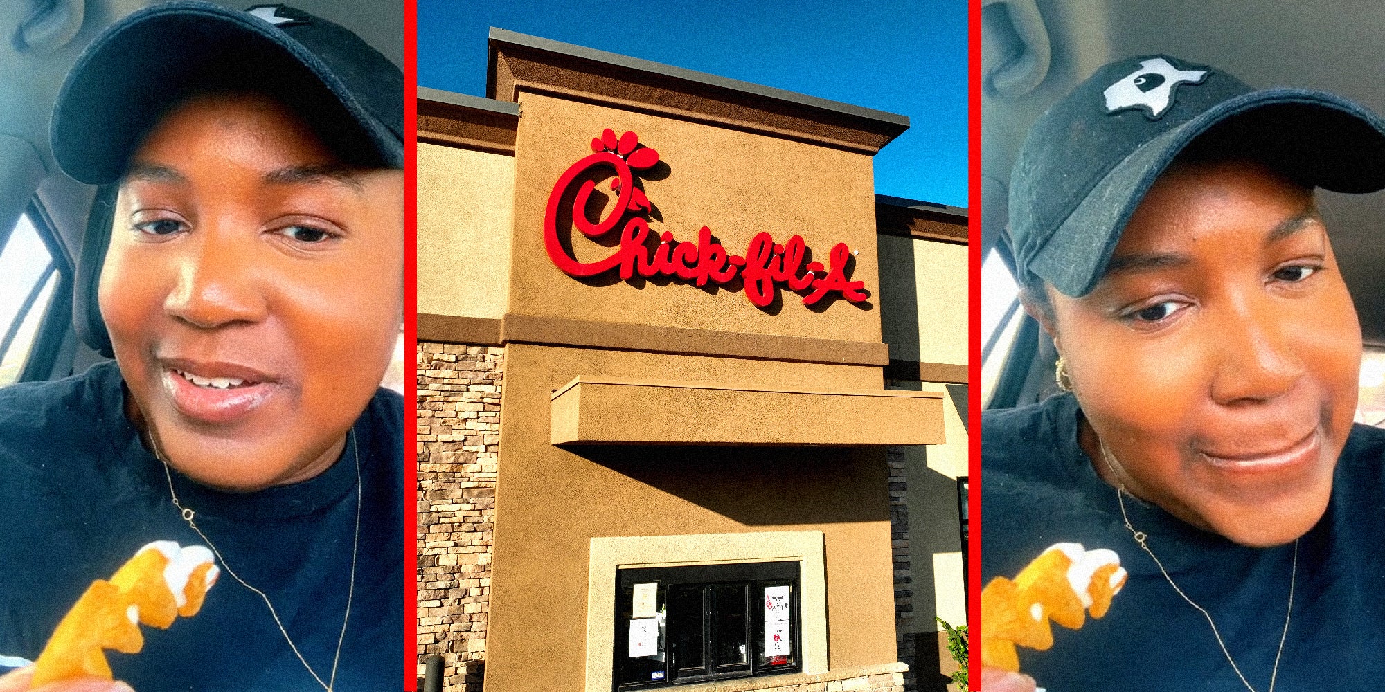 3 panel image. The two outside panels are a person sitting in a car with a crinkle cut fry. Middle image is the exterior of a Chick-Fil-A restaurant.