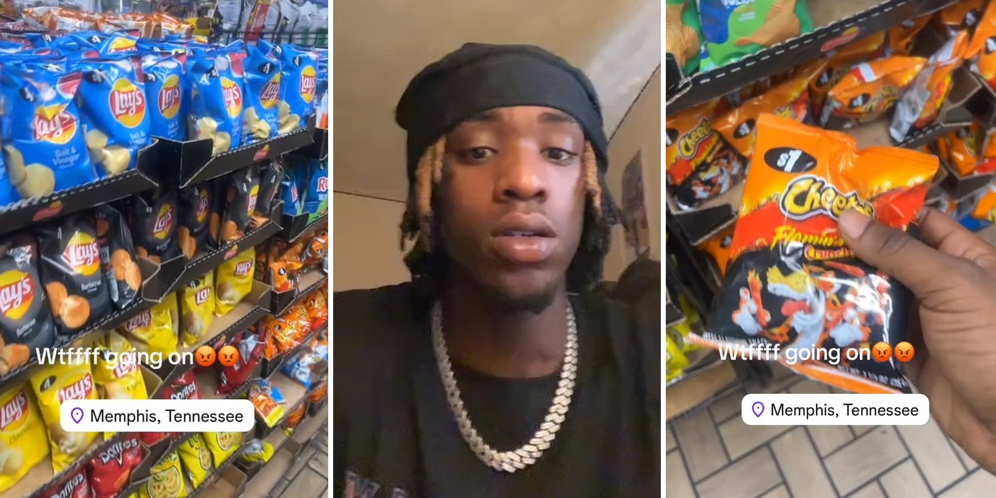 Chips stacked on shelves(l) Man wearing black shirt and big chains(c) Hand holding a small bag of cheetos chips