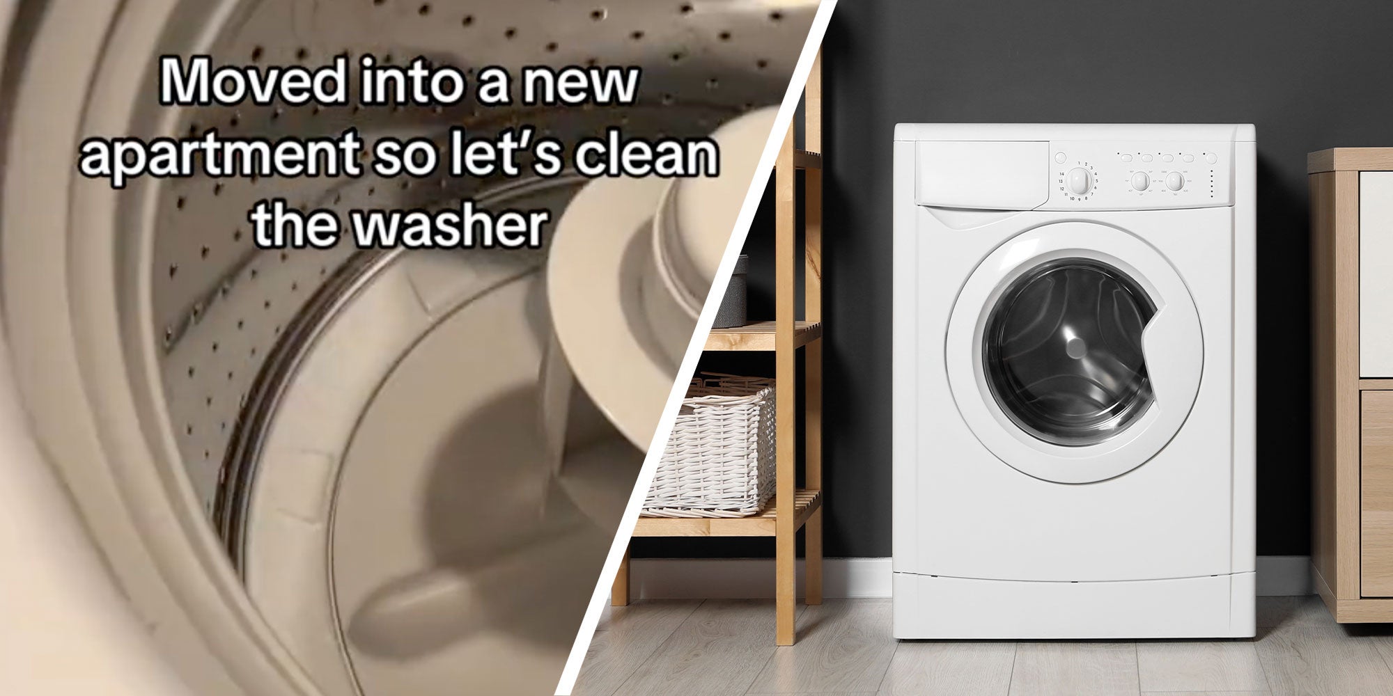Two panel design with one showing the inside of a washing machine with text 'Moved into a new apartment so let's clean the washer', the 2nd panel is of a clean laundry room.