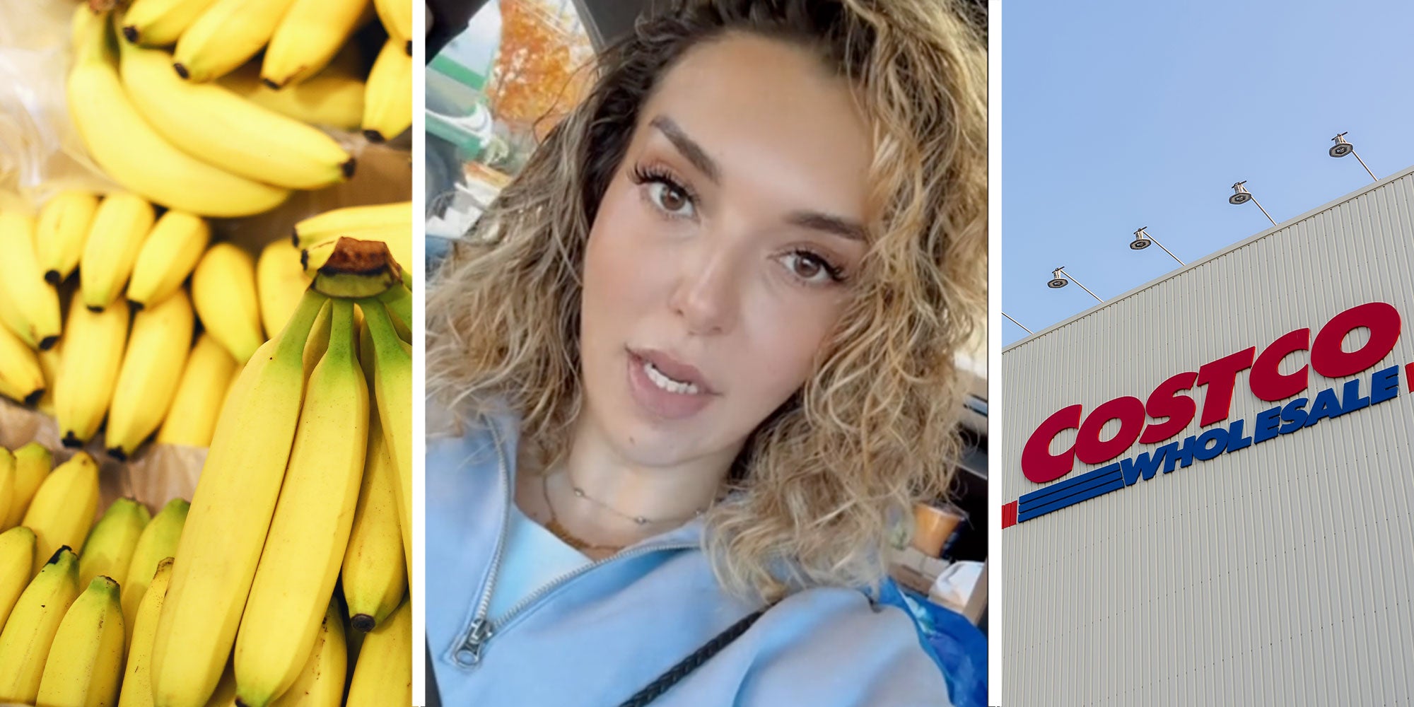 Three panel design with panel one a close up of Bananas at a store, and panel two is a woman talking at the camera, and panel three is a Costco from the outside.