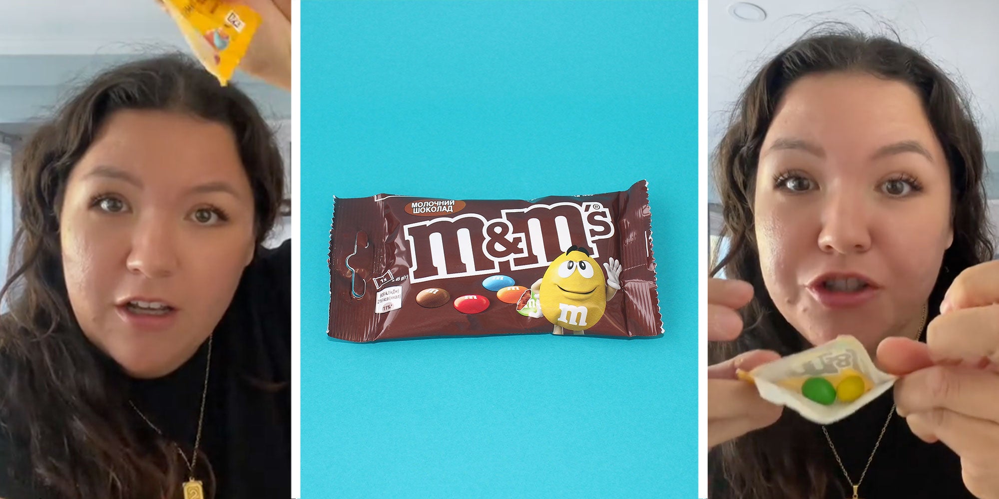 Three panel design with panel one showing a woman talking to the camera, and panel two is close up of a mini bag on M&Ms, and panel three is the same woman showing the camera an open bag of M&Ms