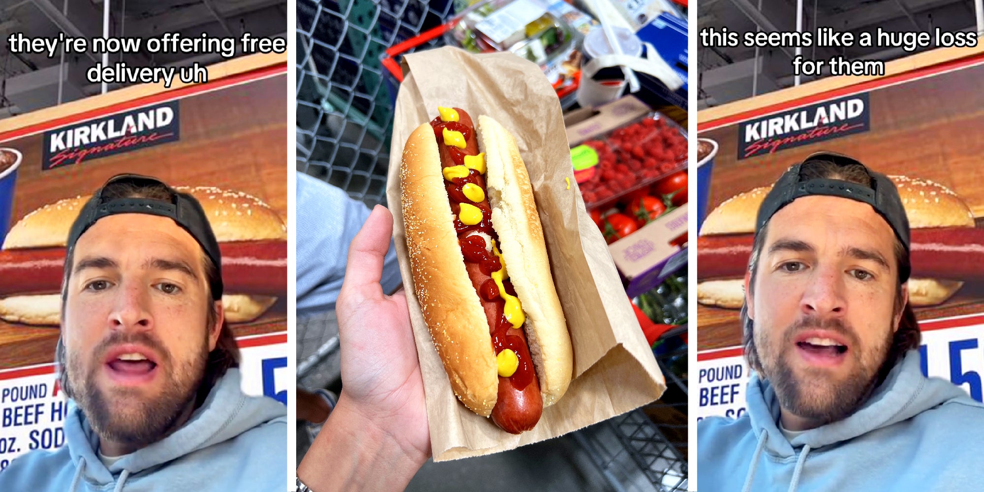 3 panel image, on the left and right side we see a man explaining, text overlaid says, 'they're now offering free delivery uh' and 'this seems like a huge loss for them'. In the center panel is the photo of a hot dog with mustard and ketchup on it.