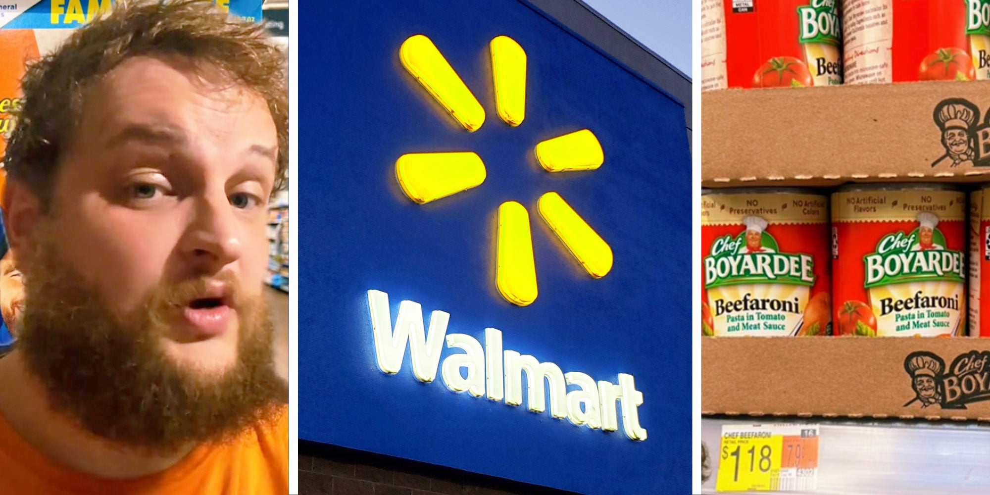 3 panel images, man talking with orange shirt, middle outside walmart store neon sign, last panal chef Boyardee.
