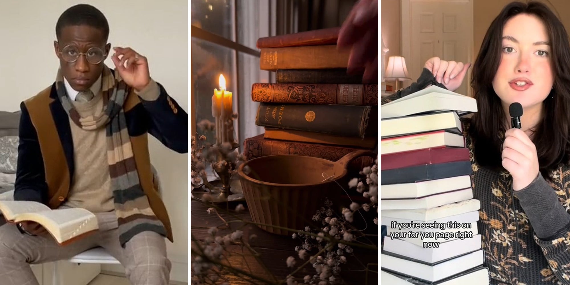 Man wearing Dark Academia styled outfit(l) Books and candles in Dark Academia Theme(c) Woman holding mic next to a pile of books(r)